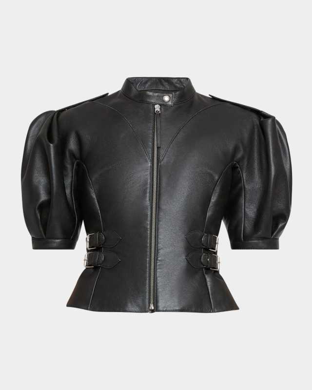 Eleos Leather Puff-Sleeve Jacket